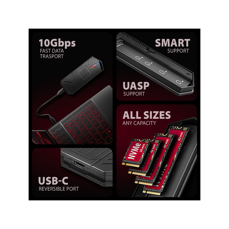 AXAGON EEM2-GAM, USB-C 10Gbps - NVMe & SATA SSD GAME M.2 box, bezšroubový
