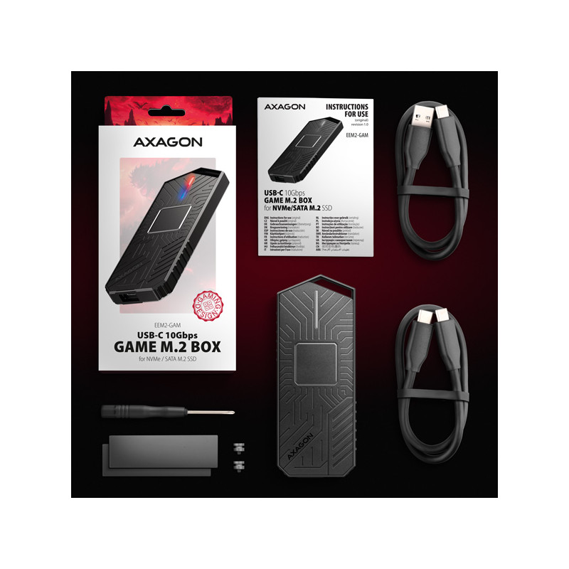 AXAGON EEM2-GAM, USB-C 10Gbps - NVMe & SATA SSD GAME M.2 box, bezšroubový