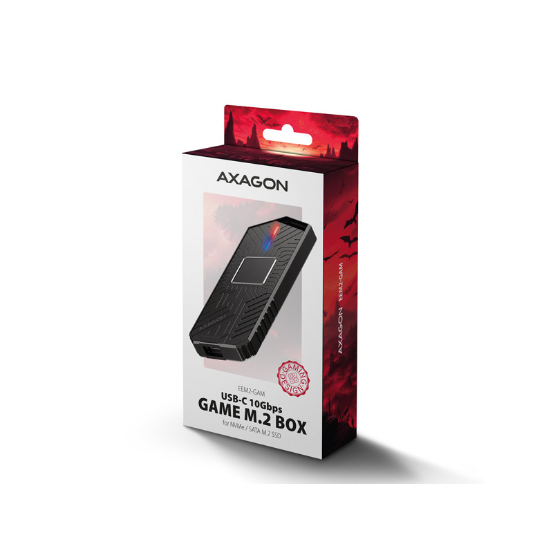 AXAGON EEM2-GAM, USB-C 10Gbps - NVMe & SATA SSD GAME M.2 box, bezšroubový