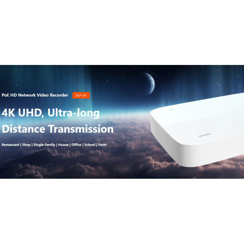 Tenda N6P-8H - PoE kamerový 4K NVR rekordér, 8 kanálov, H.265+, OnViF, zvuk, web. rozhranie, SK app