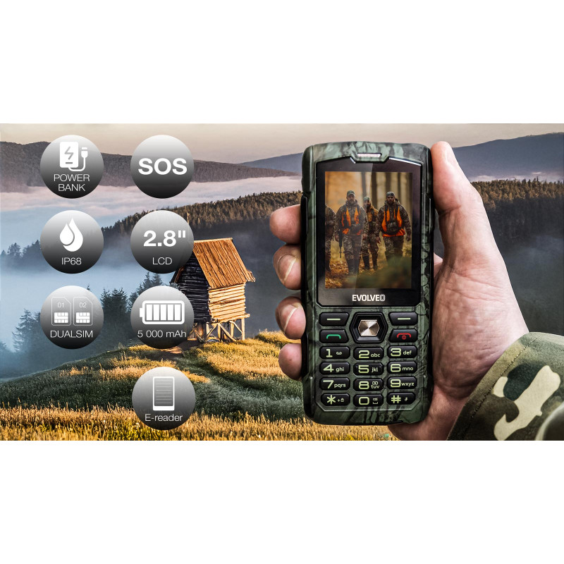 EVOLVEO StrongPhone H1, IP68 odolný Dual SIM telefón, 2,8'' LCD, 5000mAh, Powerbanka, lovec. kamufláž
