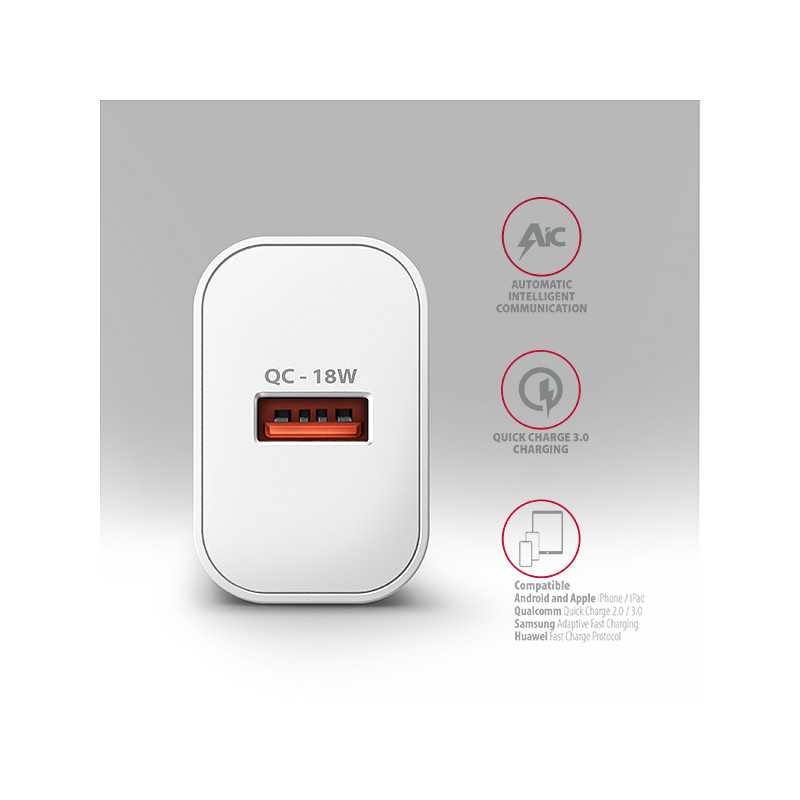 AXAGON ACU-QC18W, nabíjačka do siete 18W, 1x port USB-A, QC3.0/AFC/Apple, biela