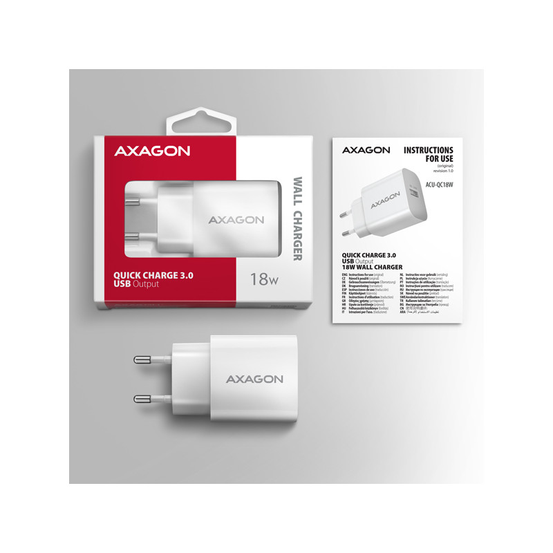 AXAGON ACU-QC18W, nabíjačka do siete 18W, 1x port USB-A, QC3.0/AFC/Apple, biela