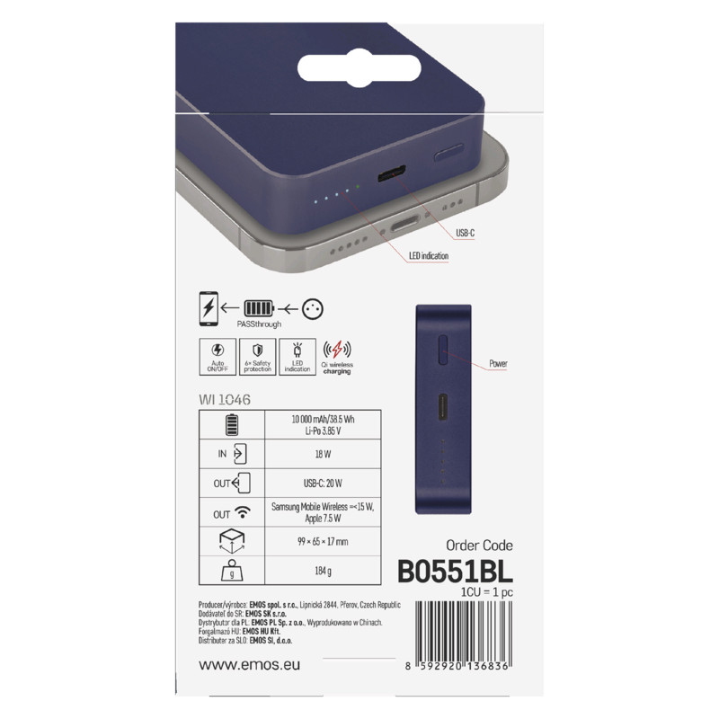 EMOS POWERBANKA WI 1046, bezdrôtové nabíjanie 20W, 10.000mAh, MODRÁ, 1xUSB-C