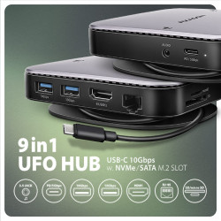 AXAGON HMC-UFO, USB 10Gbps húb, 2x USB-A, USB-C, HDMI 4k/60, RJ-45, M.2 slot, SD/mSD, audio, PD