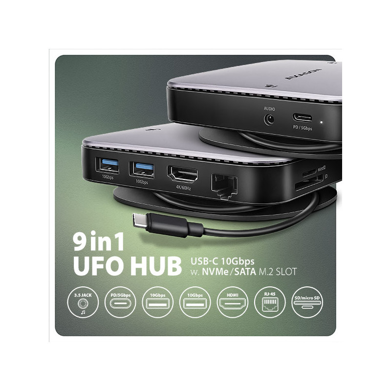 AXAGON HMC-UFO, USB 10Gbps húb, 2x USB-A, USB-C, HDMI 4k/60, RJ-45, M.2 slot, SD/mSD, audio, PD