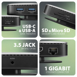 AXAGON HMC-UFO, USB 10Gbps húb, 2x USB-A, USB-C, HDMI 4k/60, RJ-45, M.2 slot, SD/mSD, audio, PD