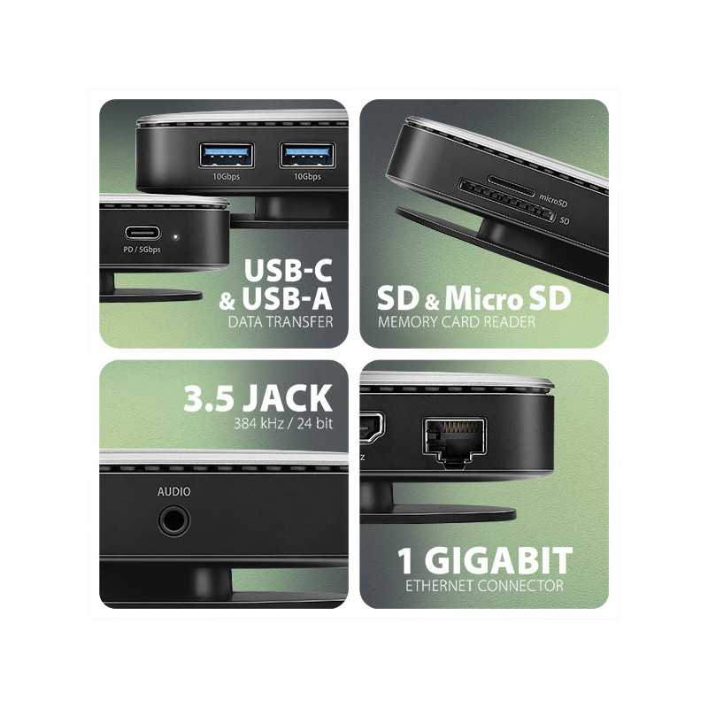 AXAGON HMC-UFO, USB 10Gbps húb, 2x USB-A, USB-C, HDMI 4k/60, RJ-45, M.2 slot, SD/mSD, audio, PD