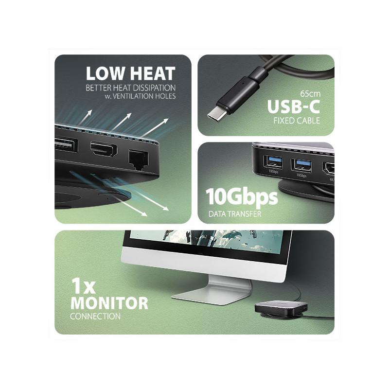 AXAGON HMC-UFO, USB 10Gbps húb, 2x USB-A, USB-C, HDMI 4k/60, RJ-45, M.2 slot, SD/mSD, audio, PD