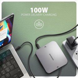 AXAGON HMC-UFO, USB 10Gbps húb, 2x USB-A, USB-C, HDMI 4k/60, RJ-45, M.2 slot, SD/mSD, audio, PD