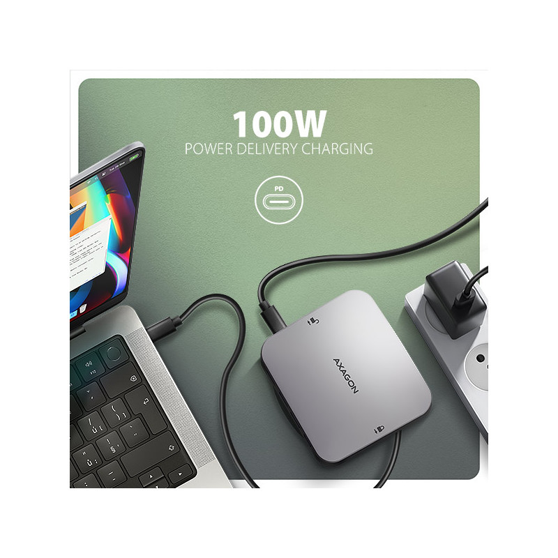 AXAGON HMC-UFO, USB 10Gbps húb, 2x USB-A, USB-C, HDMI 4k/60, RJ-45, M.2 slot, SD/mSD, audio, PD