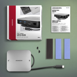 AXAGON HMC-UFO, USB 10Gbps húb, 2x USB-A, USB-C, HDMI 4k/60, RJ-45, M.2 slot, SD/mSD, audio, PD