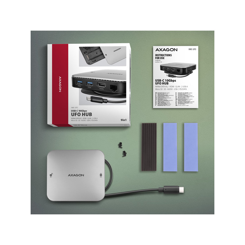AXAGON HMC-UFO, USB 10Gbps húb, 2x USB-A, USB-C, HDMI 4k/60, RJ-45, M.2 slot, SD/mSD, audio, PD