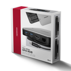 AXAGON HMC-UFO, USB 10Gbps húb, 2x USB-A, USB-C, HDMI 4k/60, RJ-45, M.2 slot, SD/mSD, audio, PD