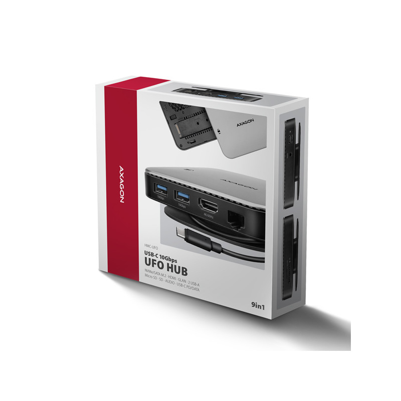 AXAGON HMC-UFO, USB 10Gbps húb, 2x USB-A, USB-C, HDMI 4k/60, RJ-45, M.2 slot, SD/mSD, audio, PD