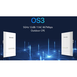 Tenda OS3 Outdoor CPE 5 GHz WiFi AC900, 867Mb/s, 4x LAN, 12 dBi, IP65, pasívna PoE výhybka + adaptér