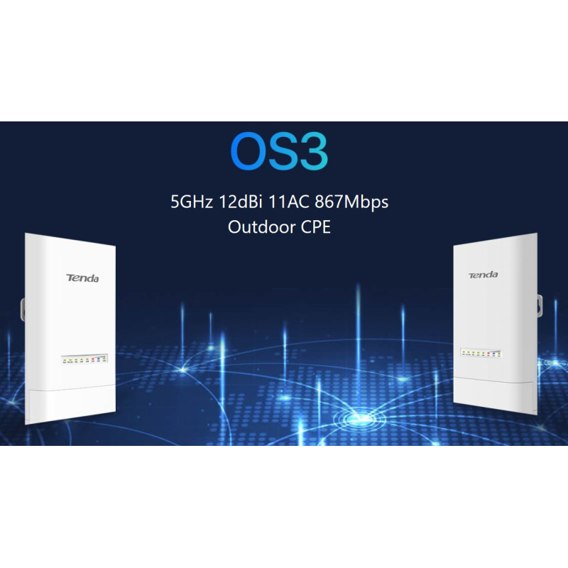 Tenda OS3 Outdoor CPE 5 GHz WiFi AC900, 867Mb/s, 4x LAN, 12 dBi, IP65, pasívna PoE výhybka + adaptér