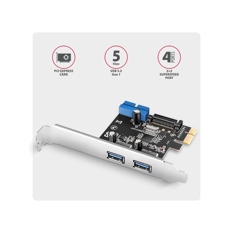 AXAGON PCEU-232RS, PCIe radič, 2+2x USB 5Gbps port, SATA napájanie, Renesas PD720201, SP & LP