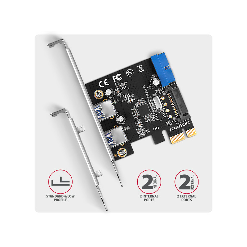 AXAGON PCEU-232RS, PCIe radič, 2+2x USB 5Gbps port, SATA napájanie, Renesas PD720201, SP & LP