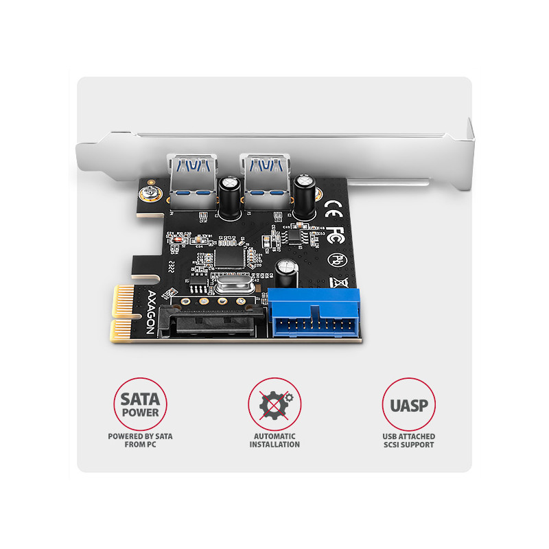 AXAGON PCEU-232RS, PCIe radič, 2+2x USB 5Gbps port, SATA napájanie, Renesas PD720201, SP & LP