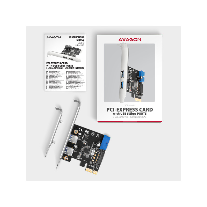 AXAGON PCEU-232RS, PCIe radič, 2+2x USB 5Gbps port, SATA napájanie, Renesas PD720201, SP & LP