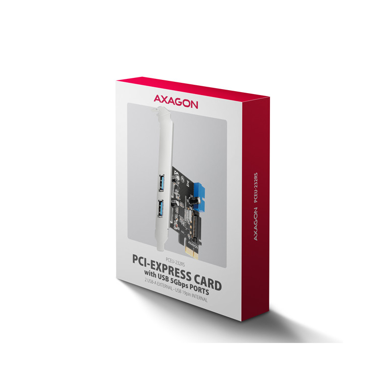 AXAGON PCEU-232RS, PCIe radič, 2+2x USB 5Gbps port, SATA napájanie, Renesas PD720201, SP & LP