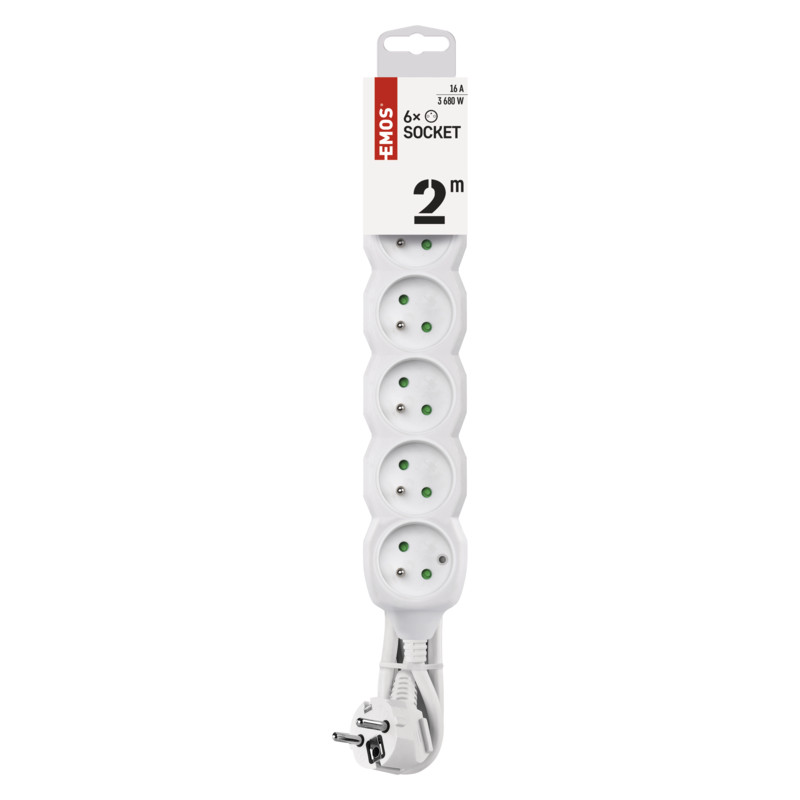 EMOS Predlžovací prívod 6Z/2m 3680W, PVC, biela
