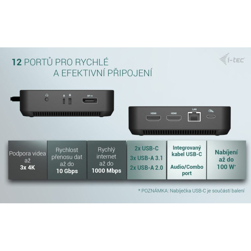 i-tec USB-C DP Dual HDMI Docking Station, Power Delivery 100W + i-tec Universal Charger 100W