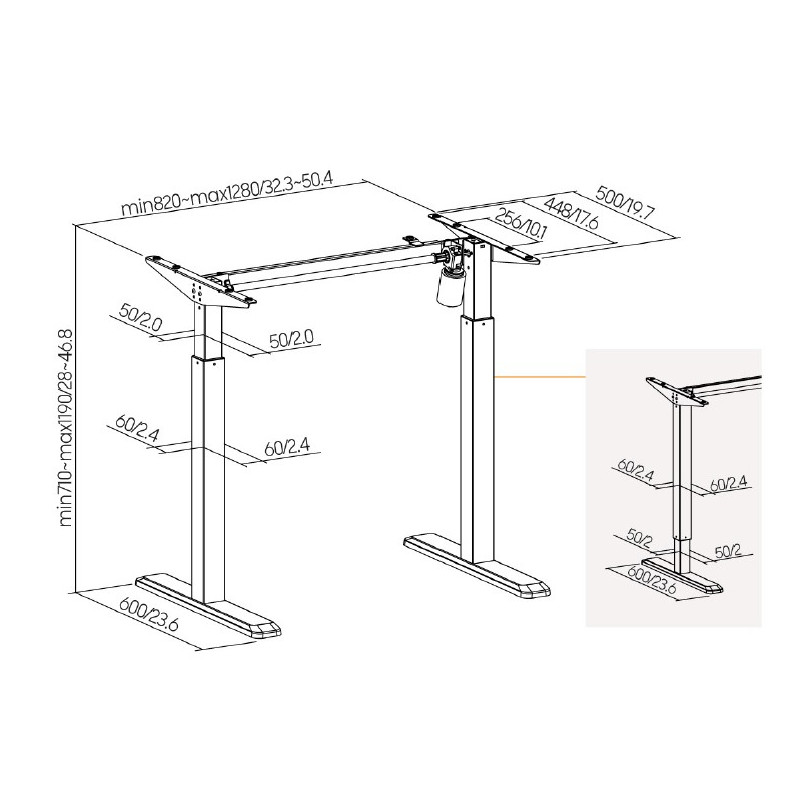 Výškovo nastaviteľná stolová podnož Brateck S03-22DE 1 motor rozsah 710-1190 mm nosnosť 80 kg