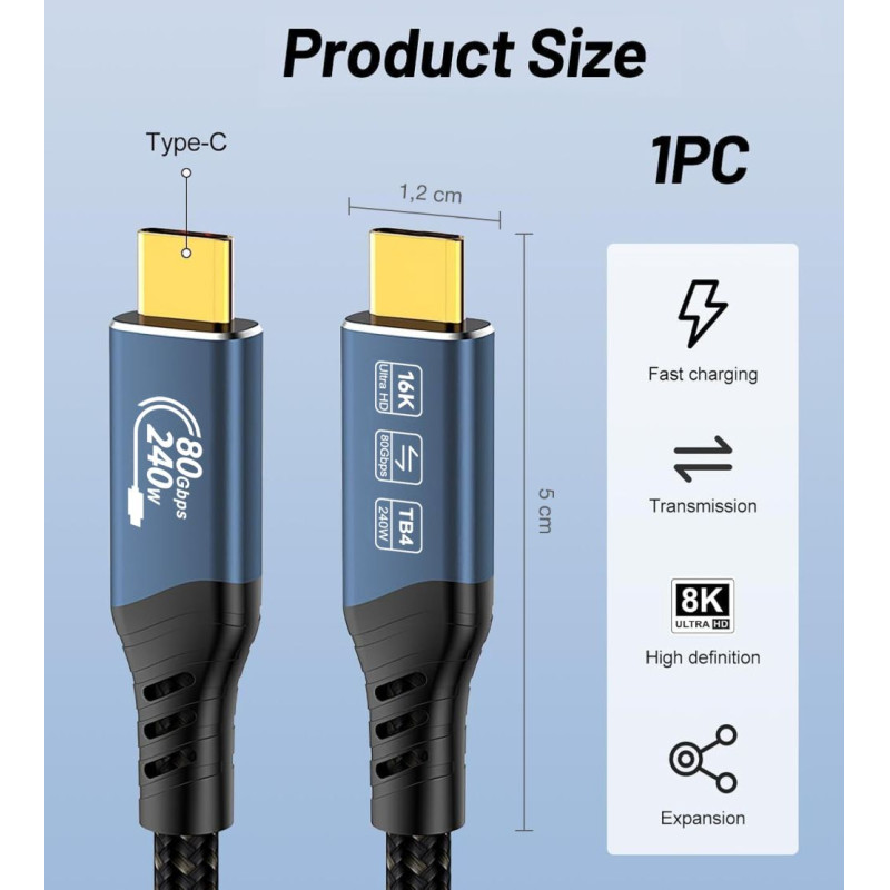 PremiumCord USB4™ Version2.0 80Gbps 16K@60Hz 240W Thunderbolt 3 a 4 kábel 0,8m