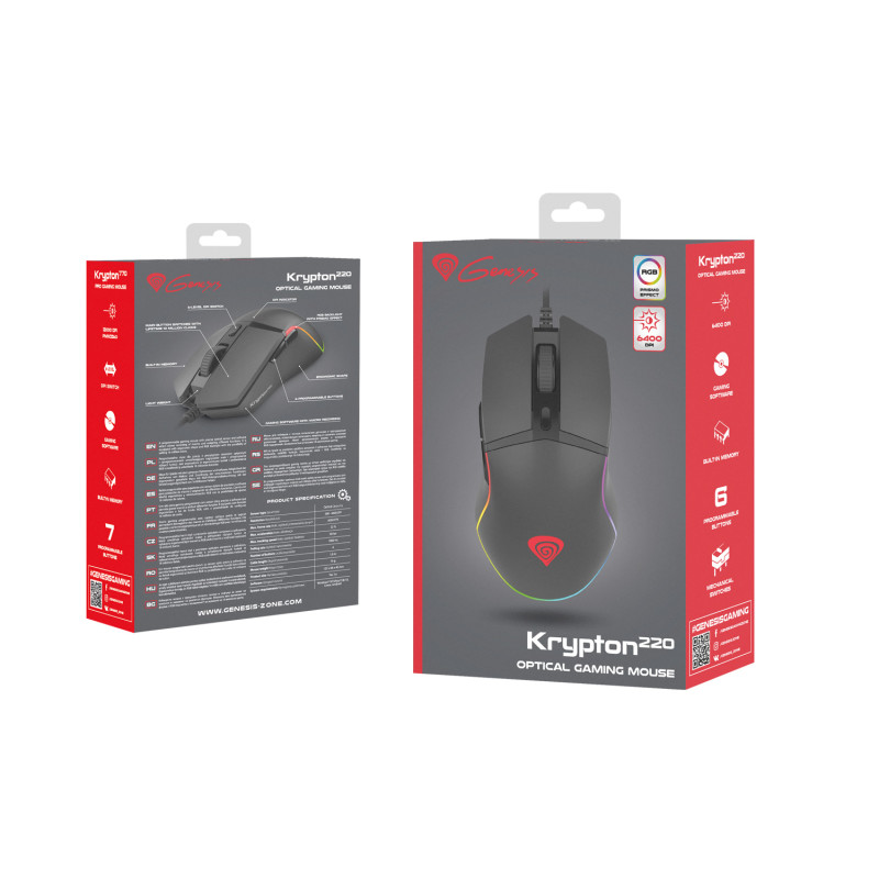 Genesis herná optická myš KRYPTON 220/RGB/6400 DPI/Herná/Optická/6 000 DPI/Drôtová USB/Čierna