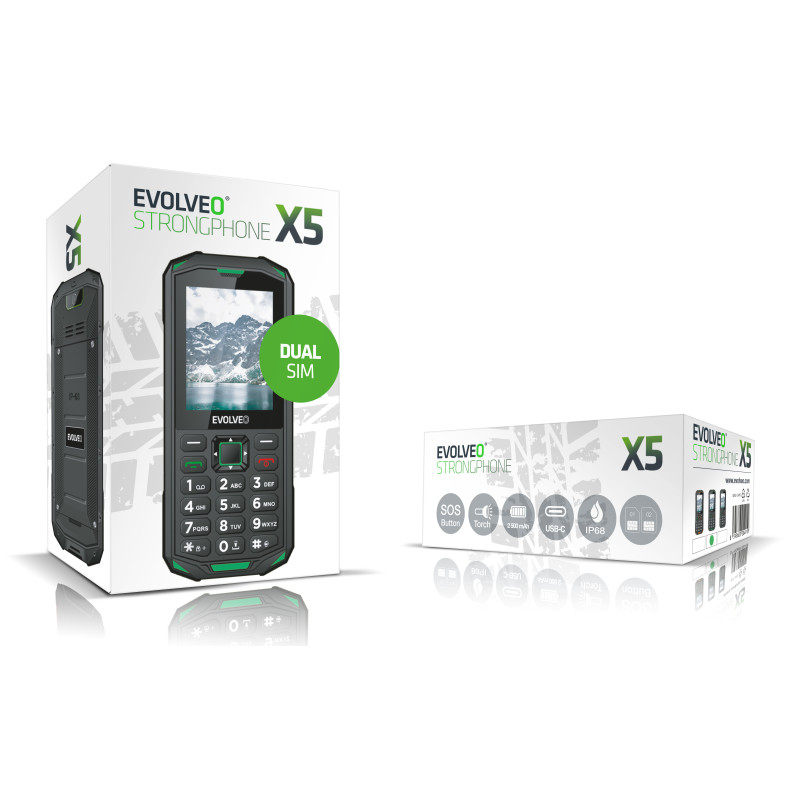 EVOLVEO StrongPhone X5, IP68 odolný Dual SIM telefón, 2,4'' LCD, 2500mAh, černo-zelený