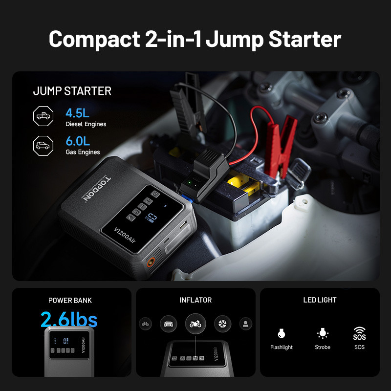 VIKING - TOPDON Car Jump Starter Jump V1200air/10000mAh/1200A/6,0l benzín/4,5l nafta