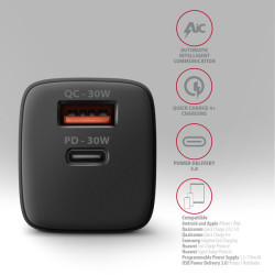 AXAGON ACU-PQ30 Sila nabíjačky do siete 30W, 2x port (USB-A + USB-C), PD3.0/PPS/QC4+/SFC/AFC/Apple