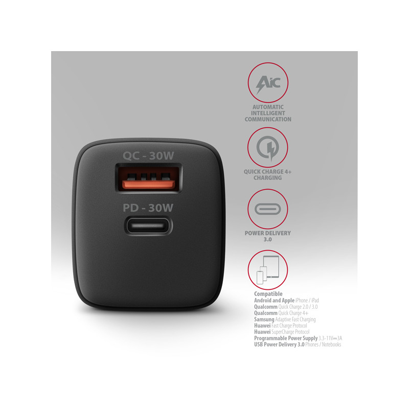 AXAGON ACU-PQ30 Sila nabíjačky do siete 30W, 2x port (USB-A + USB-C), PD3.0/PPS/QC4+/SFC/AFC/Apple