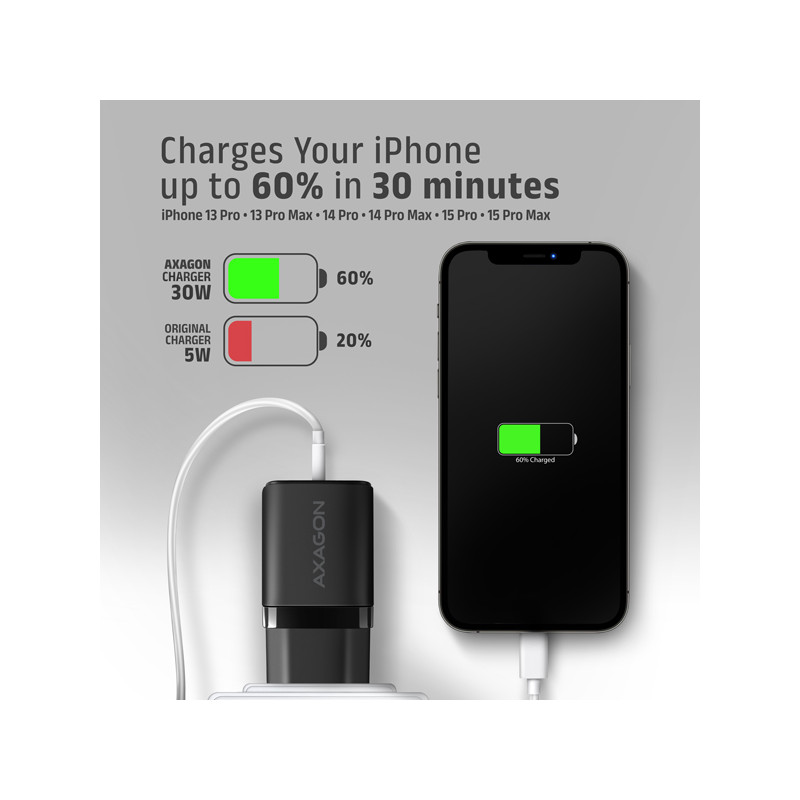 AXAGON ACU-PQ30 Sila nabíjačky do siete 30W, 2x port (USB-A + USB-C), PD3.0/PPS/QC4+/SFC/AFC/Apple