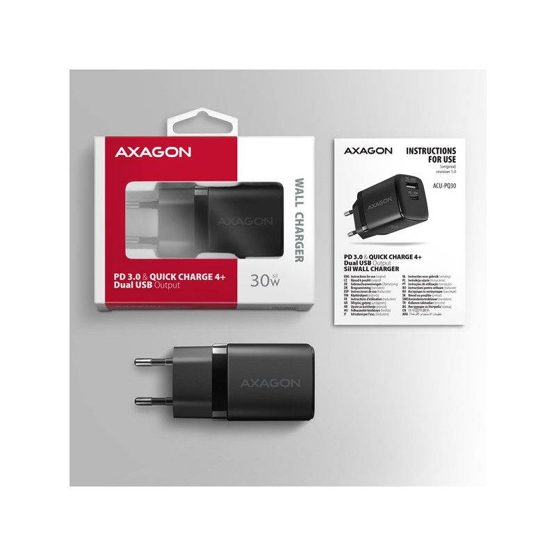 AXAGON ACU-PQ30 Sila nabíjačky do siete 30W, 2x port (USB-A + USB-C), PD3.0/PPS/QC4+/SFC/AFC/Apple