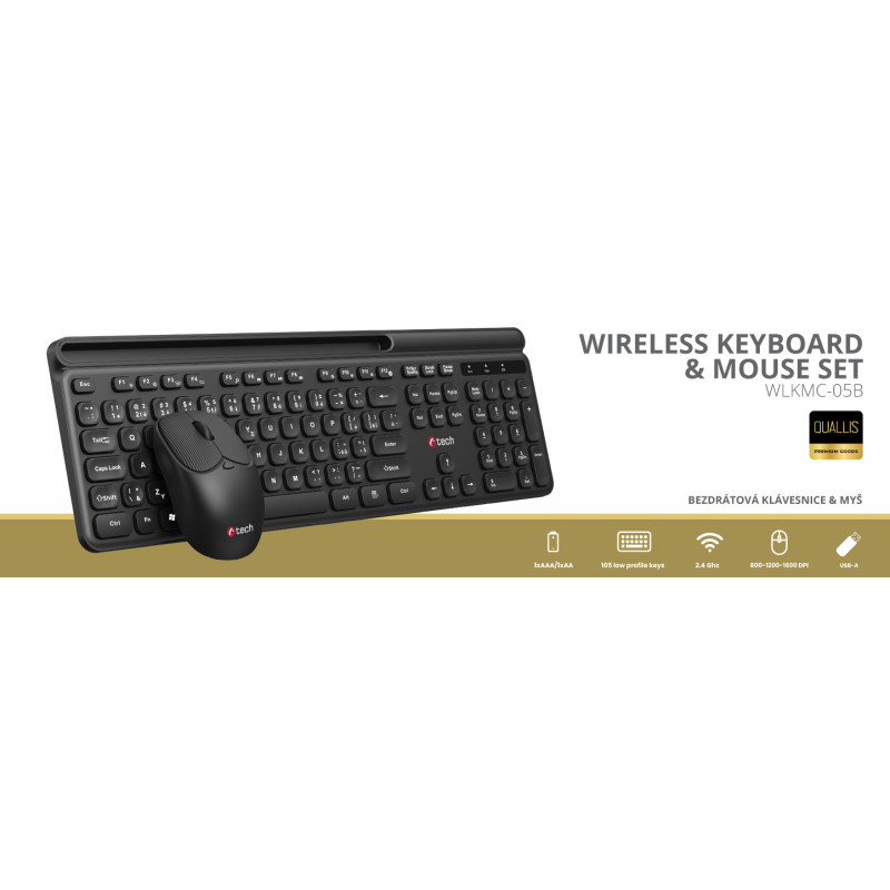 Klávesnica C-TECH Quallis WLKMC-05, bezdrôtový combo set s myšou, čierny, USB, CZ/SK