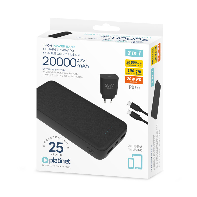 FELLOWES - Platinet SET 3v1 Powerbanka 20000 mAh + Nabíjačka 20W Power Delivery, kábel USB-C 1m, čierna