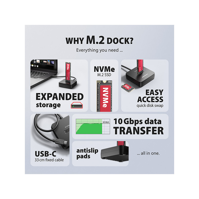 AXAGON ADSA-M2C11L, USB-C 10Gbps dokovacia stanica pre 1× M.2 NVMe SSD