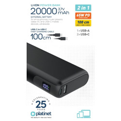 FELLOWES - Platinet Powerbanka 20000 mAh 65W Power Delivery, 2x USB-C, 1x USB-A, kábel USB-C 1m, čierna