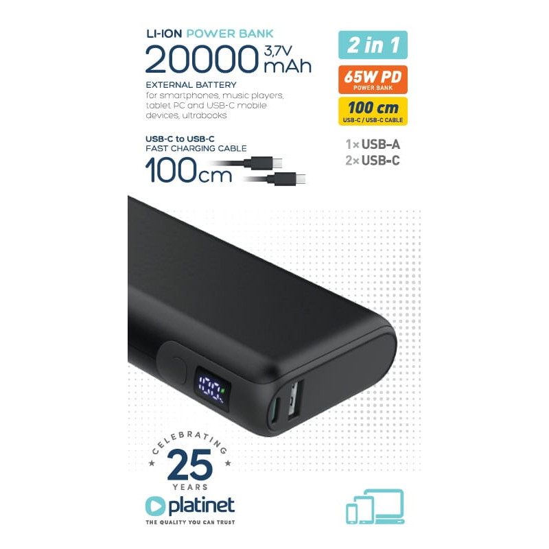 FELLOWES - Platinet Powerbanka 20000 mAh 65W Power Delivery, 2x USB-C, 1x USB-A, kábel USB-C 1m, čierna