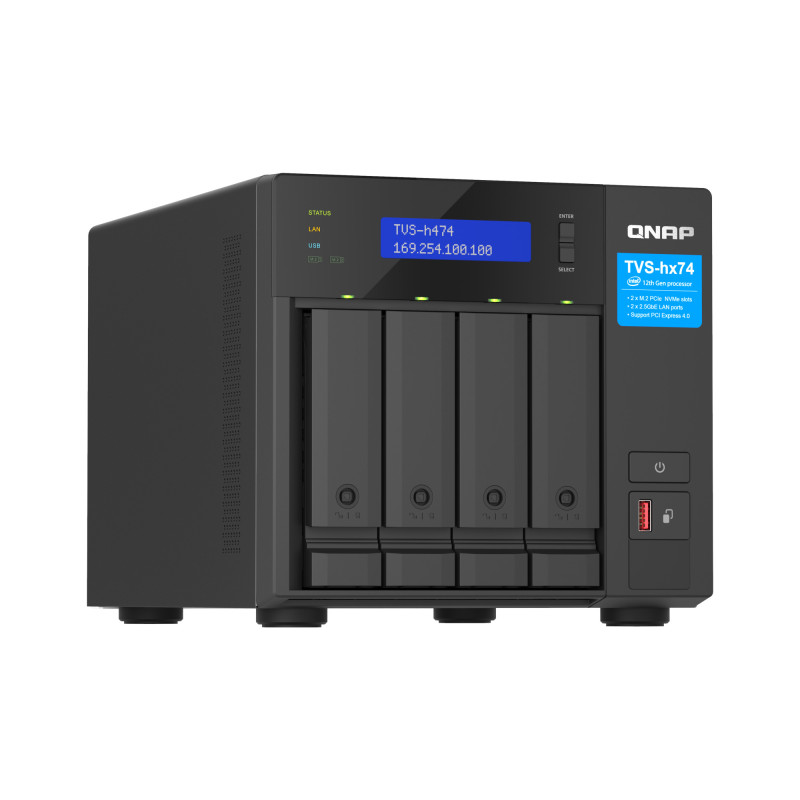 QNAP TVS-h474-i3-8G (4core 4,3 GHz, ZFS, 16 GB RAM, 4x SATA, 2x M.2 NVMe, 2x PCIe, 2x 2,5GbE, HDMI)
