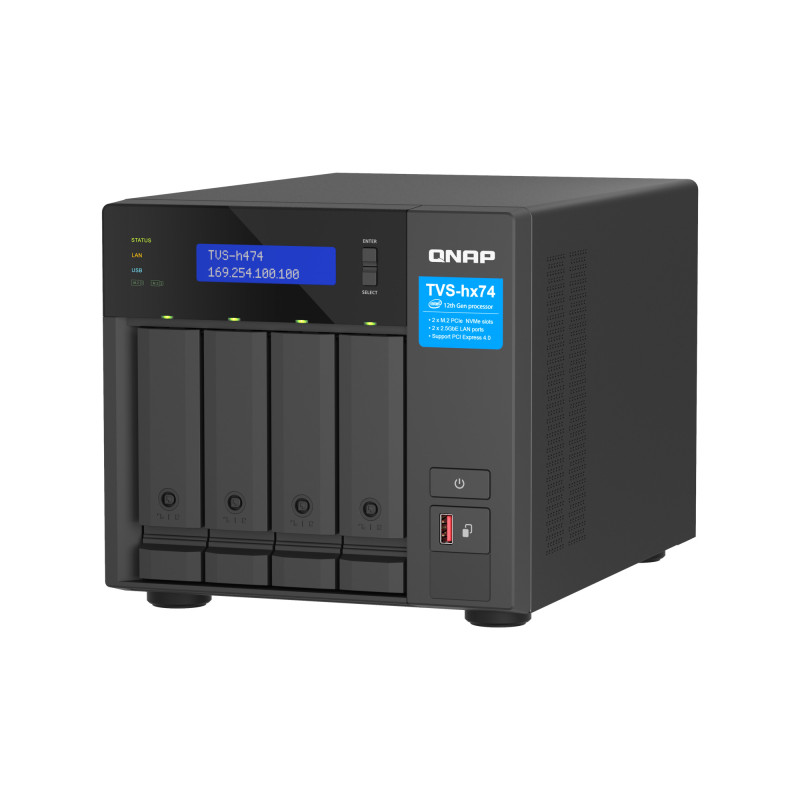 QNAP TVS-h474-i3-8G (4core 4,3 GHz, ZFS, 16 GB RAM, 4x SATA, 2x M.2 NVMe, 2x PCIe, 2x 2,5GbE, HDMI)