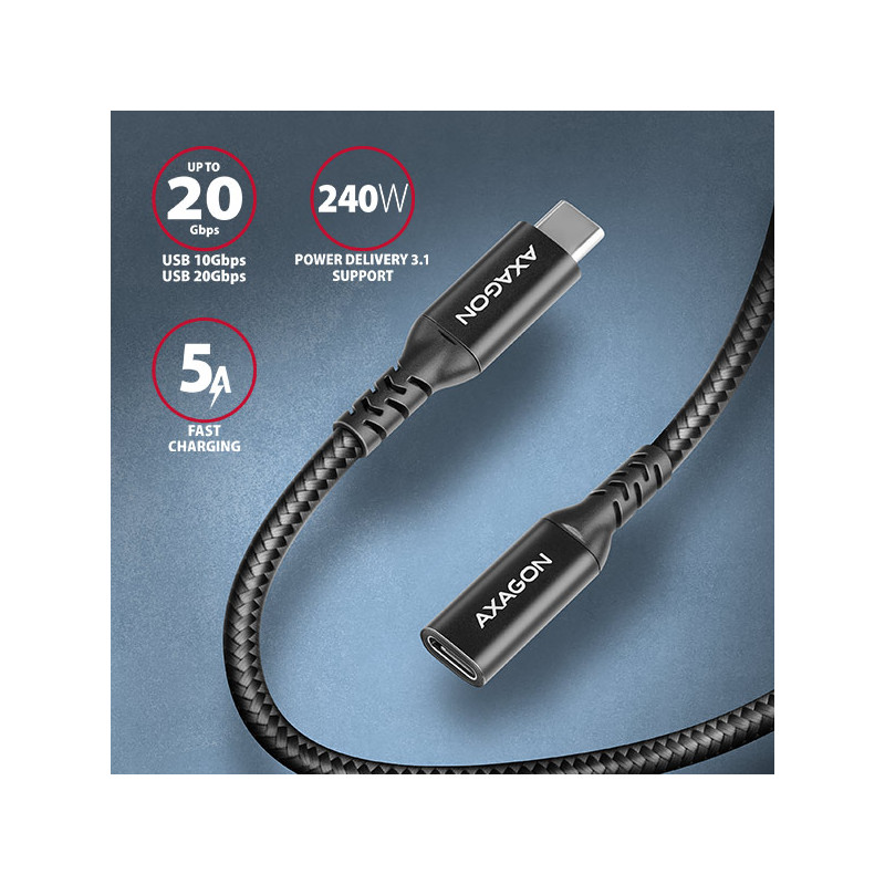 AXAGON BUCM32-CF05AB predlžovací kábel USB-C (M) -- USB-C (F), 0.5m, USB 20Gbps, PD 240W ALU oplet