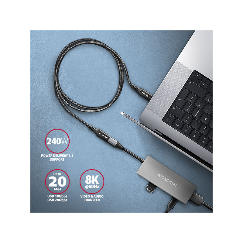AXAGON BUCM32-CF05AB predlžovací kábel USB-C (M) -- USB-C (F), 0.5m, USB 20Gbps, PD 240W ALU oplet