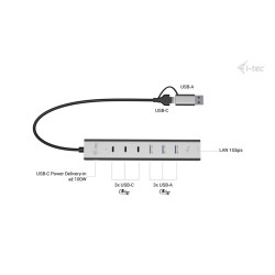 i-tec USB-C/USB-A Metal HUB 6 port (3x USB-C, 3x USB-A), LAN, Power Delivery 85W