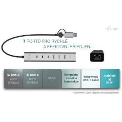 i-tec USB-C/USB-A Metal HUB 6 port (3x USB-C, 3x USB-A), LAN, Power Delivery 85W