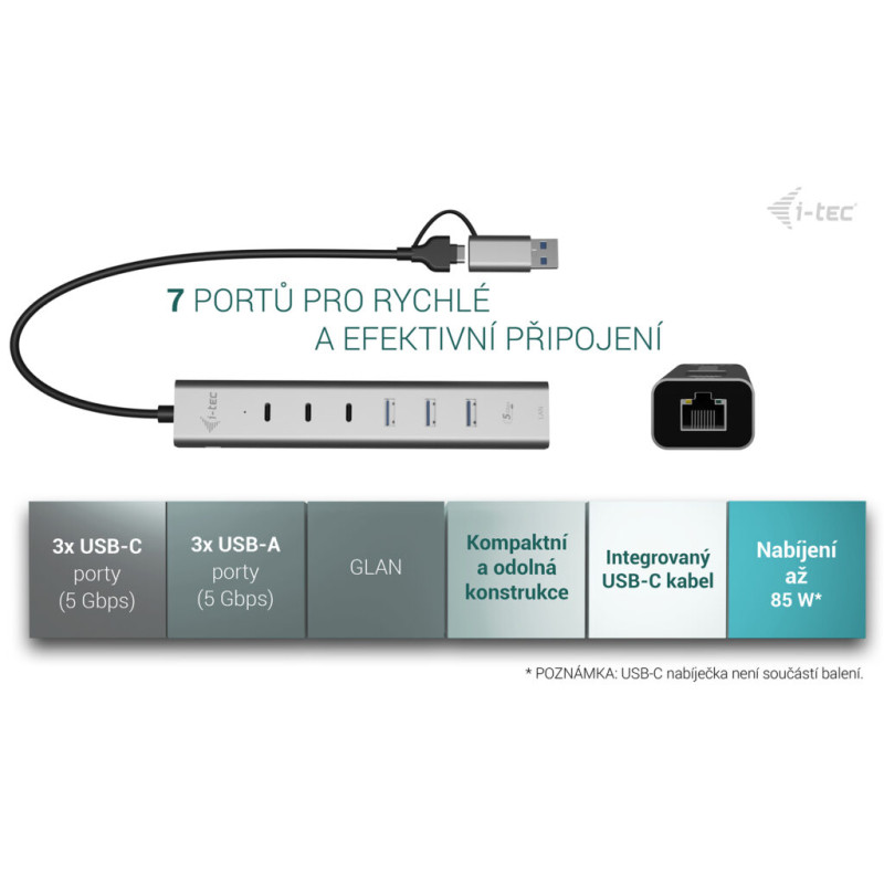 i-tec USB-C/USB-A Metal HUB 6 port (3x USB-C, 3x USB-A), LAN, Power Delivery 85W