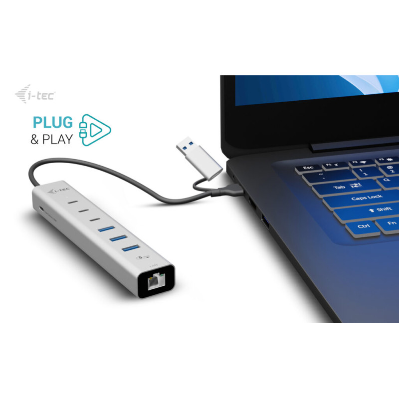 i-tec USB-C/USB-A Metal HUB 6 port (3x USB-C, 3x USB-A), LAN, Power Delivery 85W